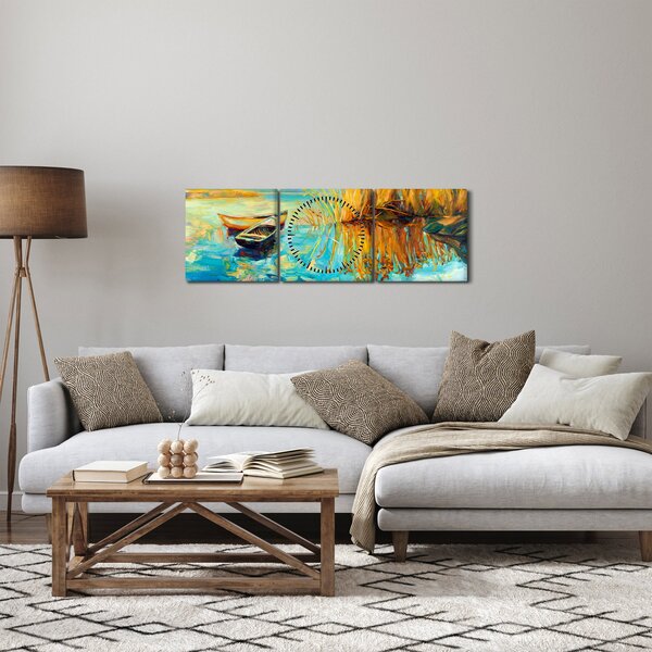 Obraz - Jezioro z łodziami (z zegarem) (90x30 cm)