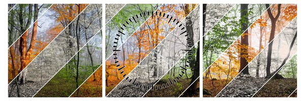 Obraz - Zmieniające się pory roku (z zegarem) (90x30 cm)