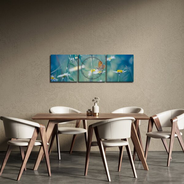 Obraz - Motyl na stokrotce (z zegarem) (90x30 cm)