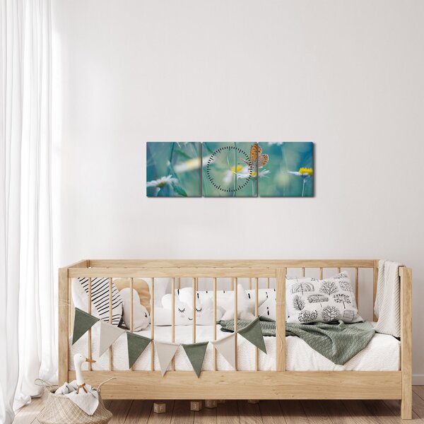 Obraz - Motyl na stokrotce (z zegarem) (90x30 cm)