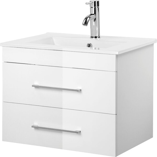 Biała wisząca szafka z ceramiczną umywalką, 60 cm