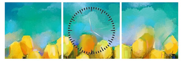 Obraz żółtych tulipanów (z zegarem) (90x30 cm)