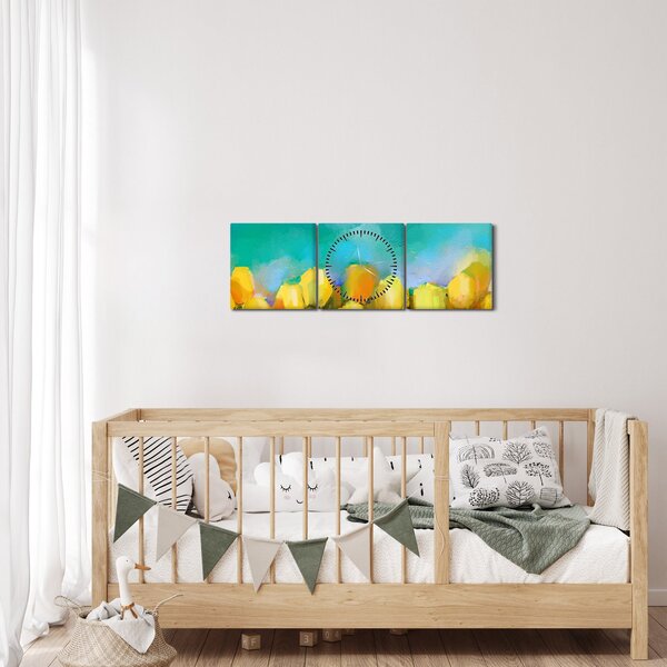 Obraz żółtych tulipanów (z zegarem) (90x30 cm)