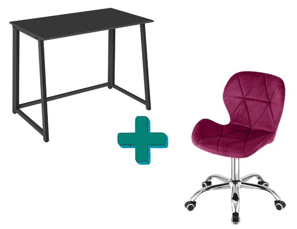 Zestaw do biura – składany stół ZARIMO 80×40 cm czarny + krzesło biurowe AVOLA VELVET burgundowe