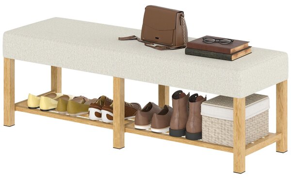 Ławka do przedpokoju, dwuosobowa, szafka na buty z litego drewna, wyściełana, imitacja lnu, kolor kremowy | 6 cm wyściółka | do 220 kg | 140 x 44 x 48 cm