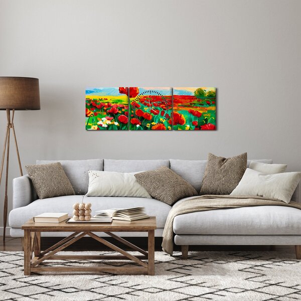 Obraz pola z makami (z zegarem) (90x30 cm)