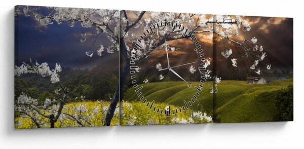 Obraz - Kwitnące drzewo w krajobrazie (z zegarem) (90x30 cm)