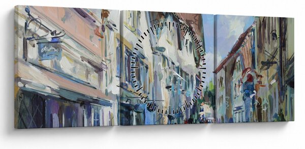 Obraz - Aleja starego miasta, malarstwo akrylowe (z zegarem) (90x30 cm)