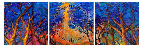 Obraz - Jesienne korony drzew, nowoczesny impresjonizm (z zegarem) (90x30 cm)