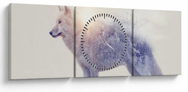 Obraz - Wilk arktyczny odzwierciedla dziki krajobraz (z zegarem) (90x30 cm)