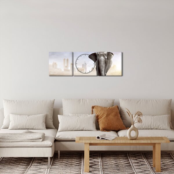 Obraz - Słonie w wielkim mieście (z zegarem) (90x30 cm)