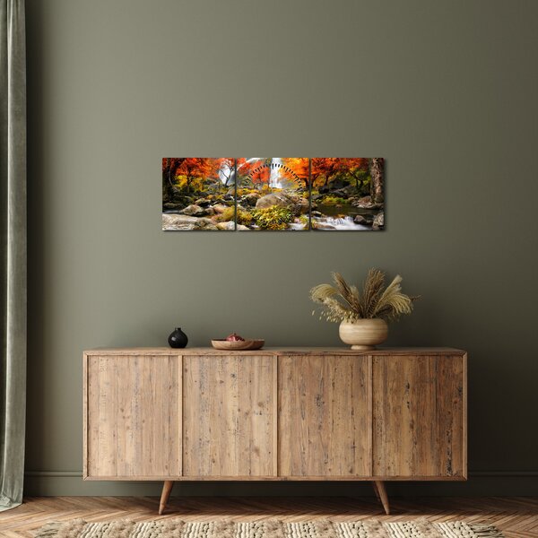 Obraz - Wodospady w pomarańczowym lesie (z zegarem) (90x30 cm)