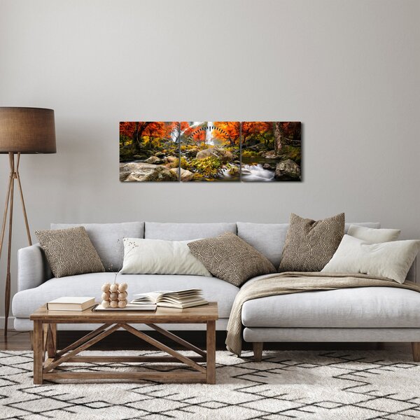 Obraz - Wodospady w pomarańczowym lesie (z zegarem) (90x30 cm)
