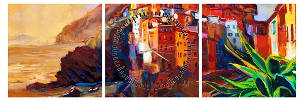 Obraz - Wieś na wybrzeżu Cinque Terre, Włoska Riviera, nowoczesny impresionism (z zegarem) (90x30 cm)