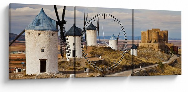 Obraz - Wiatraki Consuegra, Hiszpania (z zegarem) (90x30 cm)