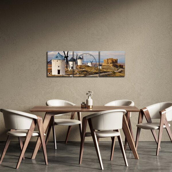 Obraz - Wiatraki Consuegra, Hiszpania (z zegarem) (90x30 cm)