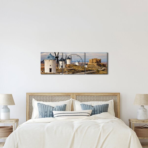 Obraz - Wiatraki Consuegra, Hiszpania (z zegarem) (90x30 cm)