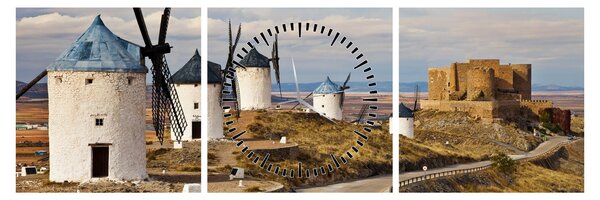 Obraz - Wiatraki Consuegra, Hiszpania (z zegarem) (90x30 cm)