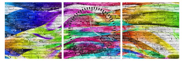Obraz - Mur z cegły z kolorowymi płomieniami (z zegarem) (90x30 cm)