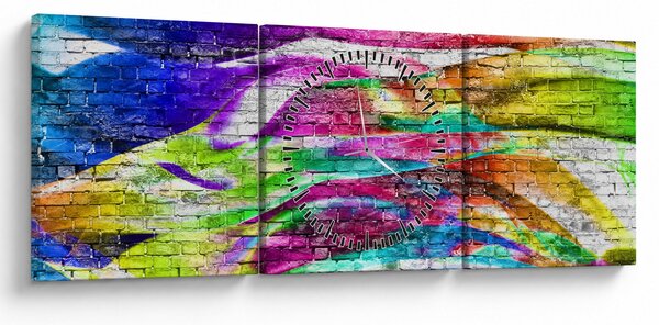 Obraz - Mur z cegły z kolorowymi płomieniami (z zegarem) (90x30 cm)
