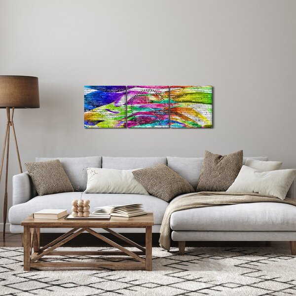 Obraz - Mur z cegły z kolorowymi płomieniami (z zegarem) (90x30 cm)