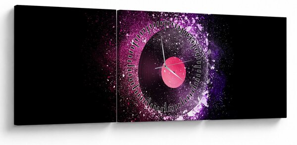 Obraz - Płyta winylowa w kolorze różowo-fioletowym (z zegarem) (90x30 cm)