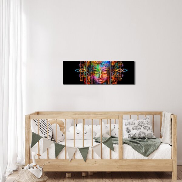 Obraz - Popiersie Buddy w neonowych kolorach (z zegarem) (90x30 cm)
