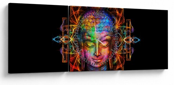 Obraz - Popiersie Buddy w neonowych kolorach (z zegarem) (90x30 cm)