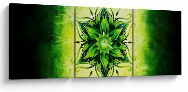 Obraz - Kwiatowa mandala na zielonym tle (z zegarem) (90x30 cm)