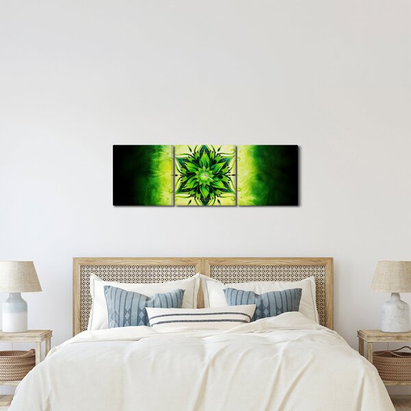 Obraz - Kwiatowa mandala na zielonym tle (z zegarem) (90x30 cm)