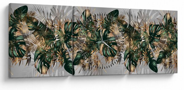 Obraz - Złoto - zielone tropikalne liście (z zegarem) (90x30 cm)