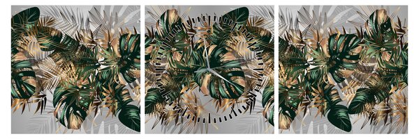Obraz - Złoto - zielone tropikalne liście (z zegarem) (90x30 cm)