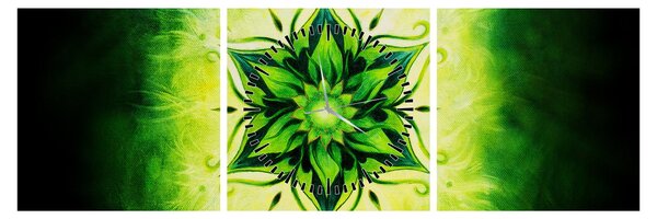 Obraz - Kwiatowa mandala na zielonym tle (z zegarem) (90x30 cm)