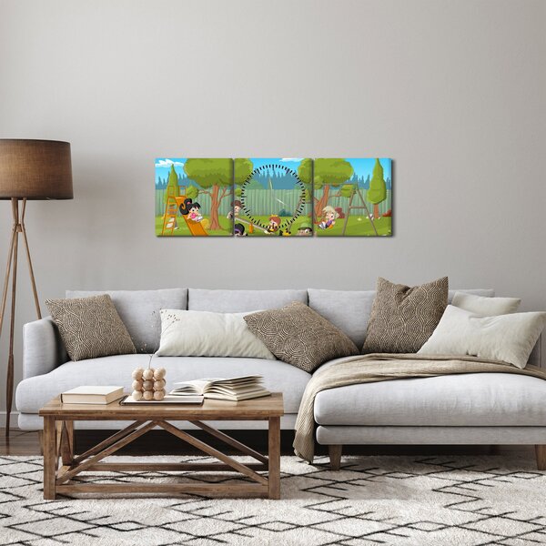 Obraz - Dzieci na placu zabaw (z zegarem) (90x30 cm)