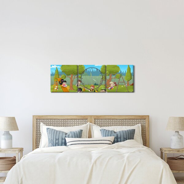 Obraz - Dzieci na placu zabaw (z zegarem) (90x30 cm)