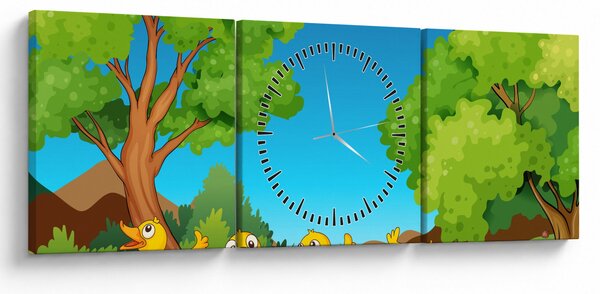 Obraz - Wesołe kaczątka (z zegarem) (90x30 cm)