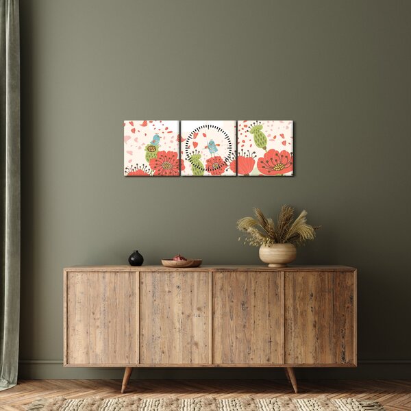 Obraz - Ptaszki na kwitnącej łące (z zegarem) (90x30 cm)