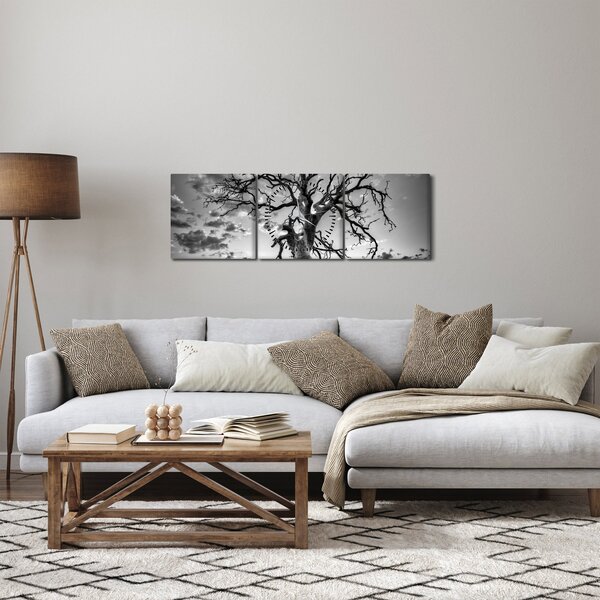 Obraz - Czarno - białe drzewo (z zegarem) (90x30 cm)