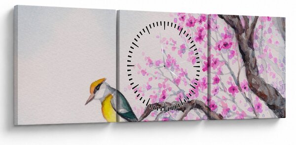 Obraz - ptak na drzewie z różowymi kwiatami (z zegarem) (90x30 cm)