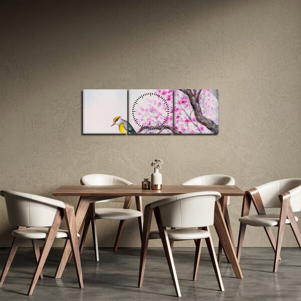 Obraz - ptak na drzewie z różowymi kwiatami (z zegarem) (90x30 cm)