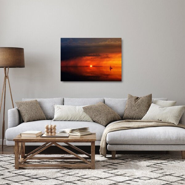 Obraz na szkle - zachód słońca z żaglówką (70x50 cm)