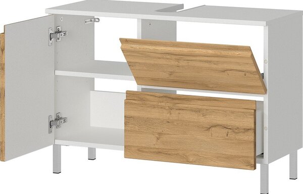Biała szafka pod umywalkę w dekorze dębu 80x56 cm Torrance – Germania