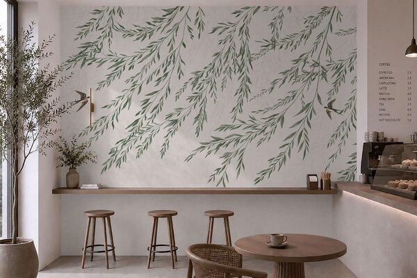 Fototapety Zielone gałęzie i ptaki na jasnym tle, Fototapety Natura, w05630 : Uwalls.pl