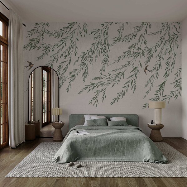 Fototapety Zielone gałęzie i ptaki na jasnym tle, Fototapety Natura, w05630 : Uwalls.pl