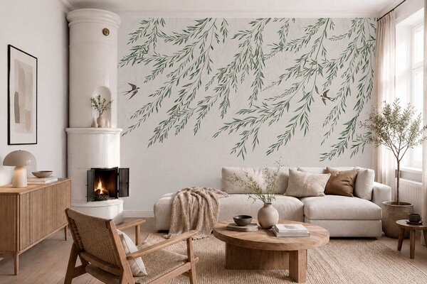 Fototapety Zielone gałęzie i ptaki na jasnym tle, Fototapety Natura, w05630 : Uwalls.pl