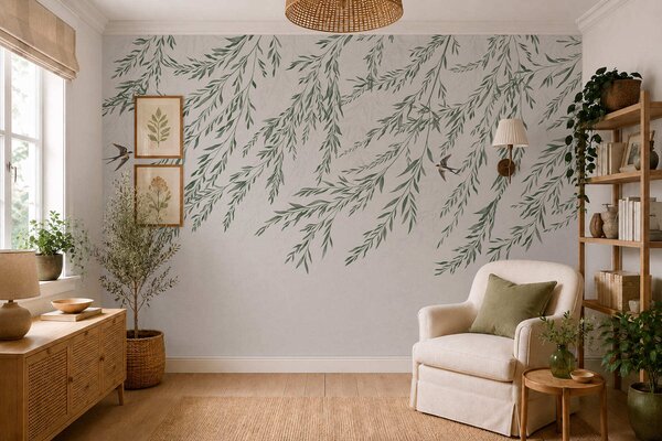 Fototapety Zielone gałęzie i ptaki na jasnym tle, Fototapety Natura, w05630 : Uwalls.pl