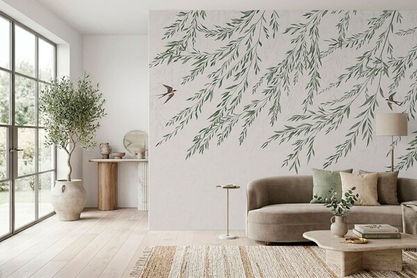 Fototapety Zielone gałęzie i ptaki na jasnym tle, Fototapety Natura, w05630 : Uwalls.pl
