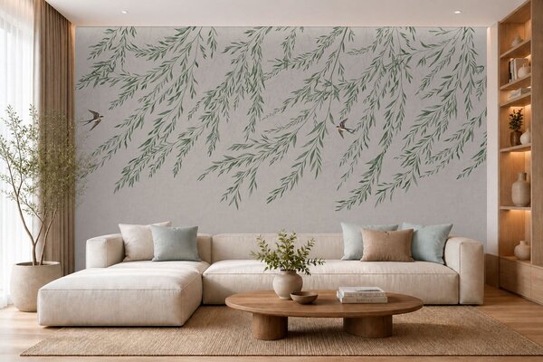 Fototapety Zielone gałęzie i jaskółki na jasnym tle, Fototapety Natura, w05630v2 : Uwalls.pl