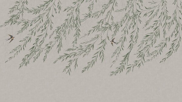 Fototapety Zielone gałęzie i jaskółki na jasnym tle, Fototapety Natura, w05630v2 : Uwalls.pl