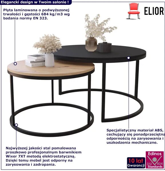 Komplet 2 Czarny Okrągłych Stolików Kawowych + Dąb Artisan L4-S86